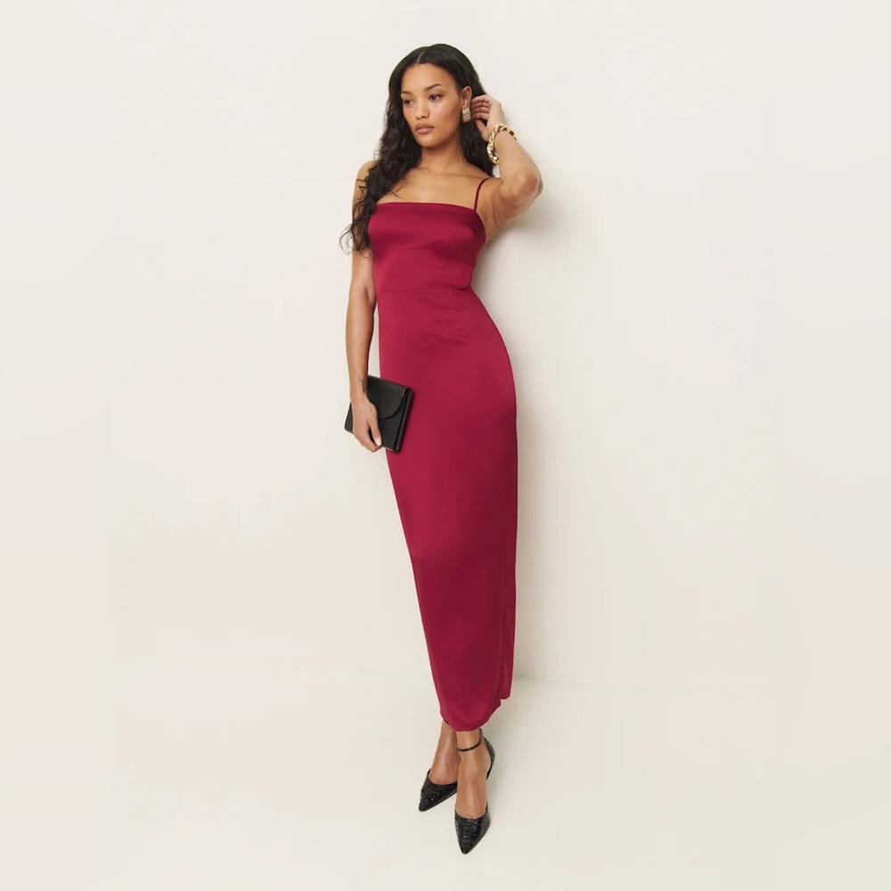 Reformation Frankie Satin Dress In Rubies, brand new, never worn, no flaws.